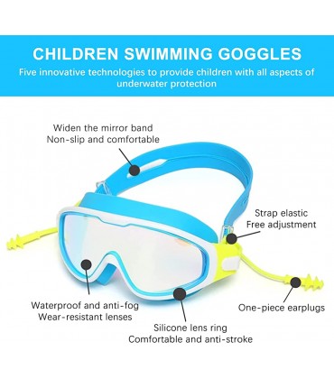 Heiqlay Schwimmbrille Kinder Taucherbrille Kinder Aqua Sphere Schwimmbrille mit Uv-Schutz und Antibeschlaglinse Einteilige Ohrstöpsel 2 Nasenclip für Mädchen Jungen Kinder Blau - BMAZN54H